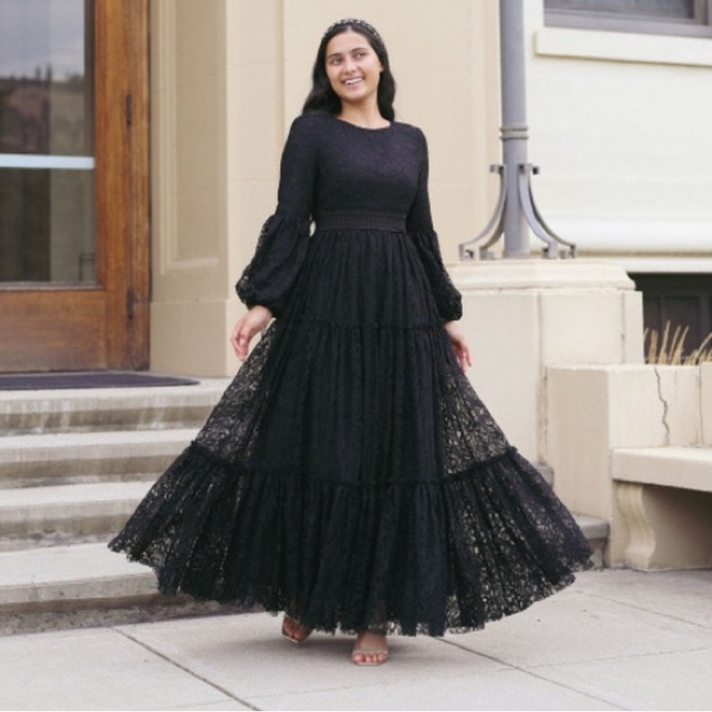 Dainty Jewells Black Tiered Gown with Bishop Sleeves